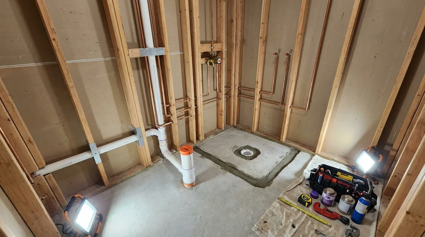 Bathroom rough-in plumbing during remodel by Johns Plumbing LLC in Chatfield