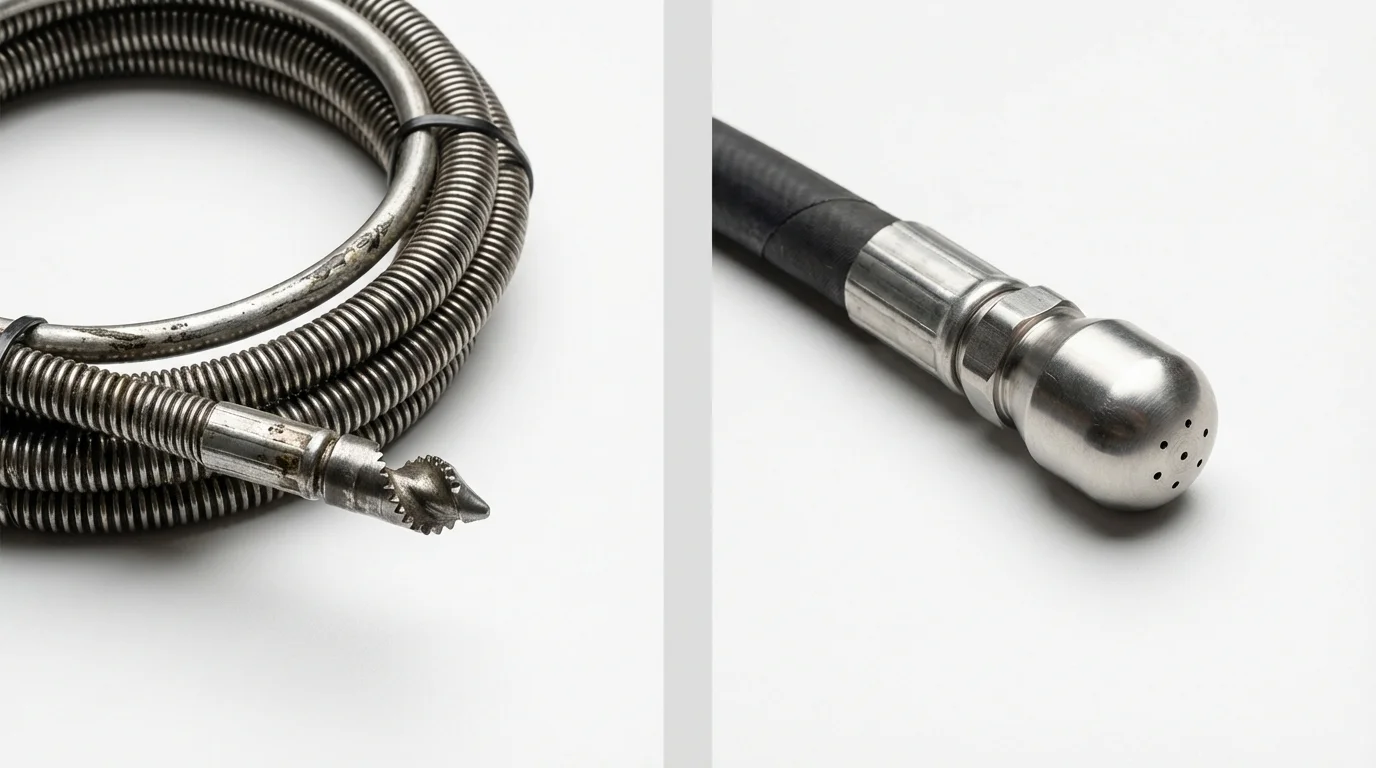 Drain snake cable and hydro jetting nozzle used for drain cleaning in Chatfield, MN