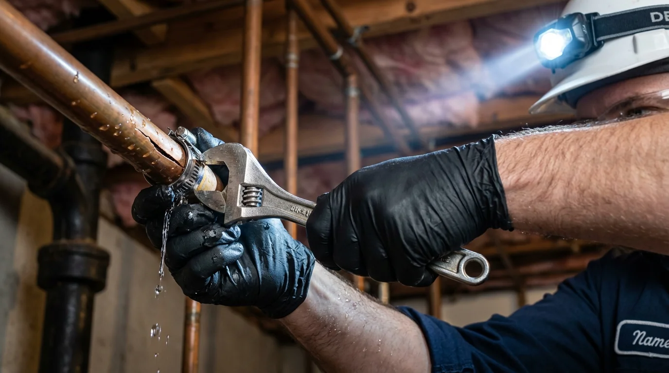 Emergency pipe clamp repair being performed by a Johns Plumbing LLC plumber in Chatfield