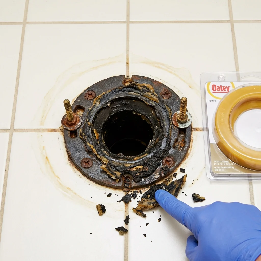 Failed wax ring showing water seepage at the base of a toilet in a Chatfield, MN home