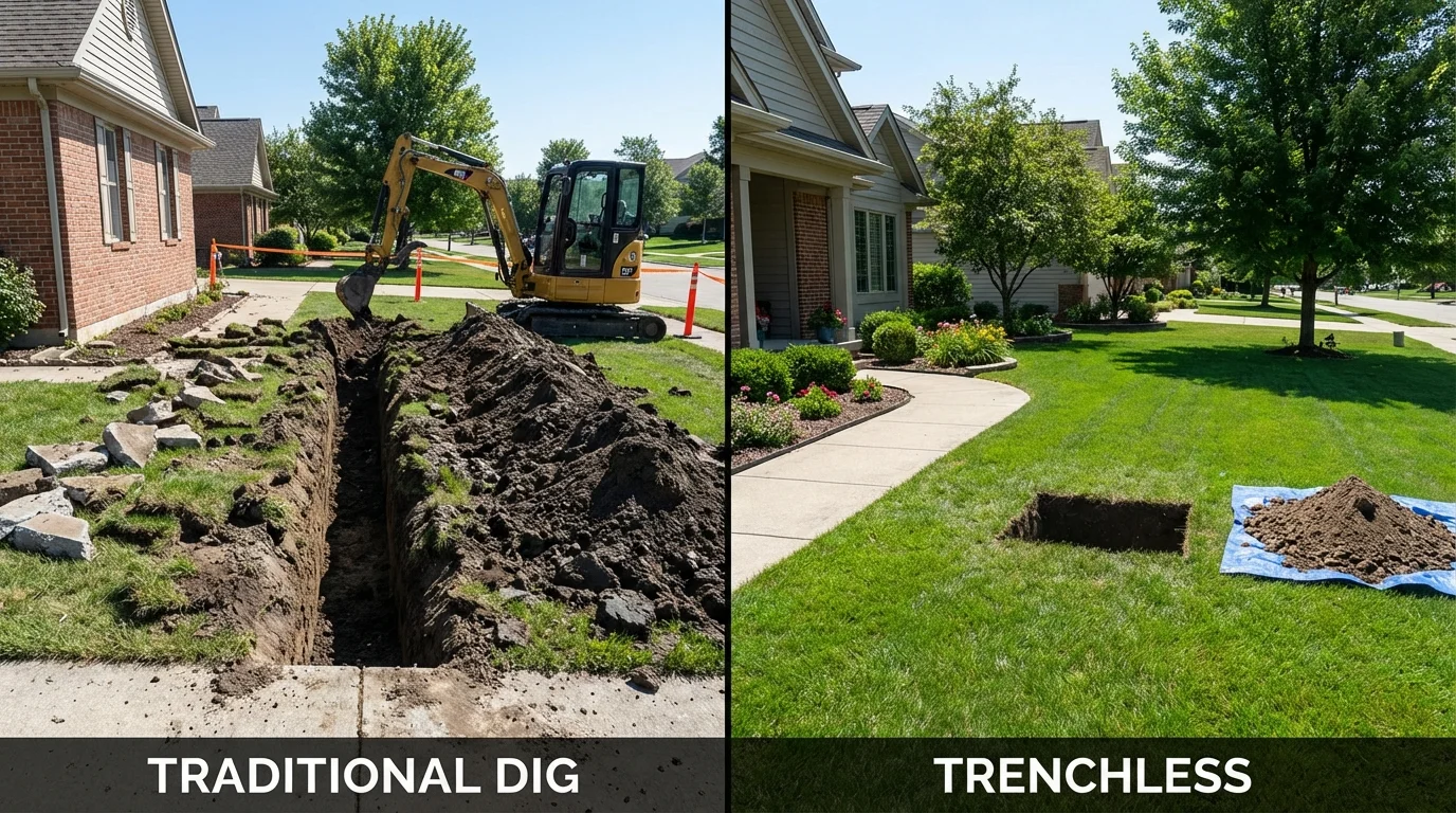 Trenchless sewer repair with minimal yard damage versus traditional excavation in Chatfield, MN