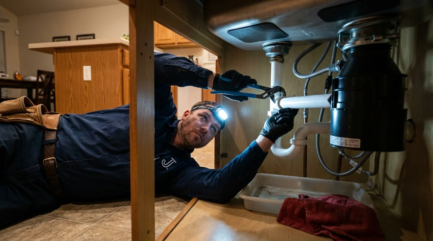 P-trap and supply line connections under a kitchen sink showing a common leak point in Chatfield, MN